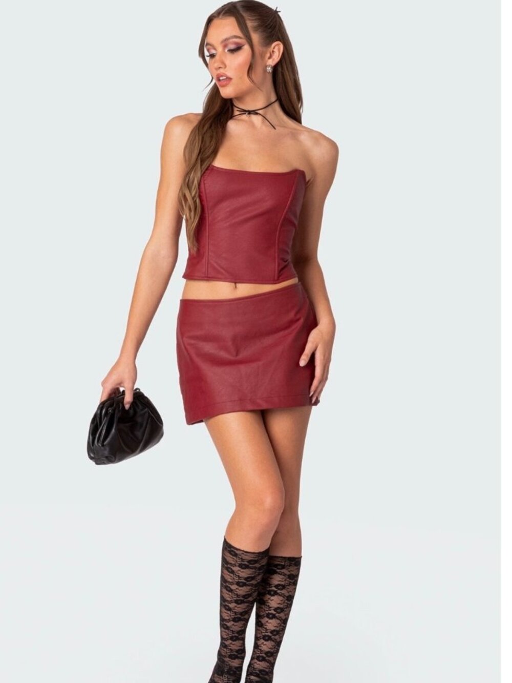 Edikted Red Faux Leather Corset Top & Mini Skirt Two Piece Set
